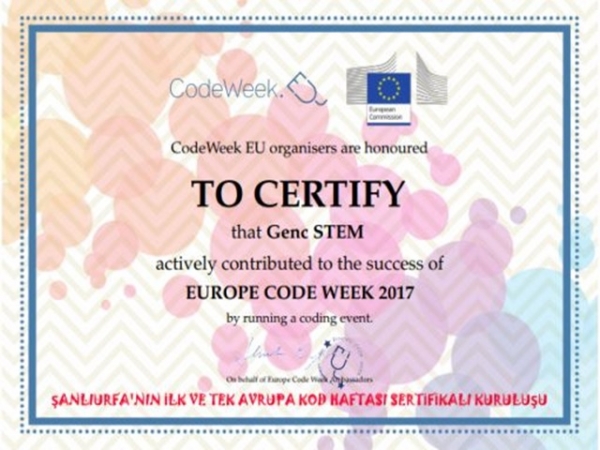 Şanlıurfa&#039;nın Avrupa Kod Haftası Sertifikalı İlk ve Tek Kuruluşu olmanın gururunu yaşıyoruz.